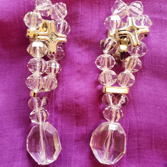 Lot of Vintage Vtg 4 Clear Glass Crystal Dangle Earrings 1 Chunky Rectangle Ring - Picture 5 of 9